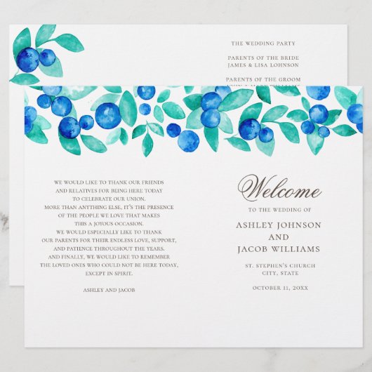 Programme de mariage des bleuets. Aquarelle bleu t (Devant / Derrière)