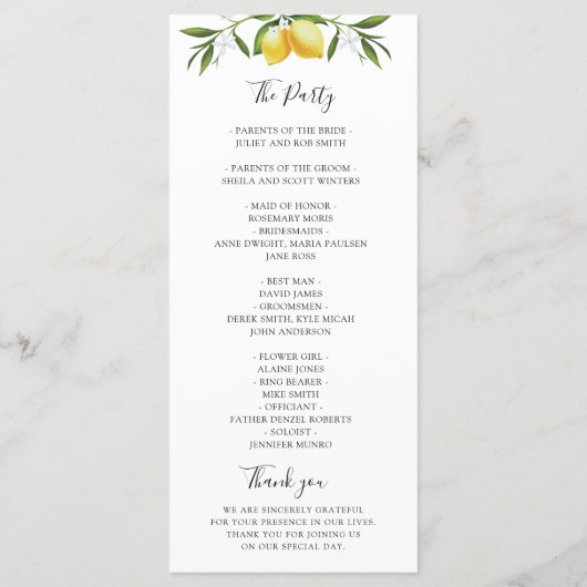 Programme de mariage des citrons d'aquarelle (Dos)