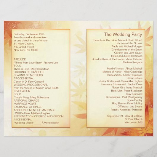 Programme de mariage des feuilles d'automne rouge  (Dos)