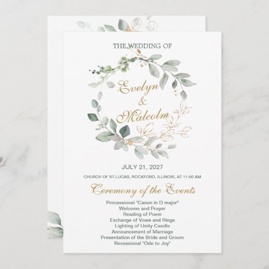 Programme de mariage des feuilles de couleur verte (Devant / Derrière)