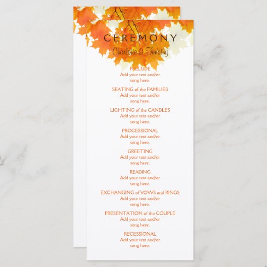 Programme de mariage des Feuilles de l'érable d'au (Devant / Derrière)