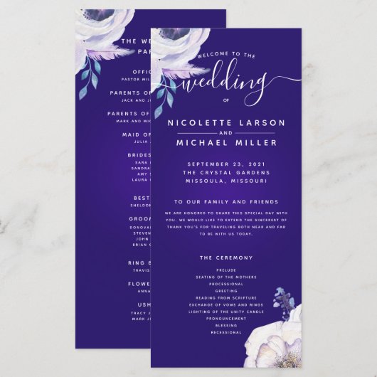 Programme de mariage des fleurs bleues et lilas de (Devant / Derrière)