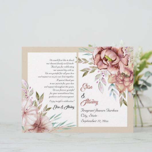 Programme de mariage des fleurs d'aquarelle en ter (Debout devant)