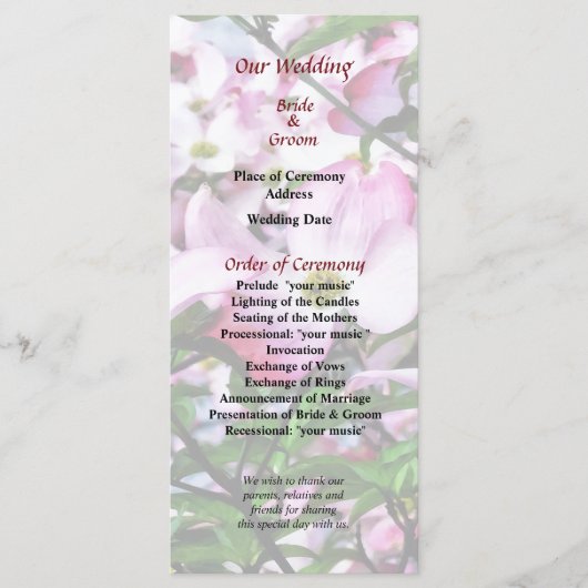 Programme de mariage des fleurs de cornouiller ros (Devant)
