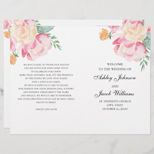 Programme de mariage des fleurs roses et pêche pli (Devant / Derrière)
