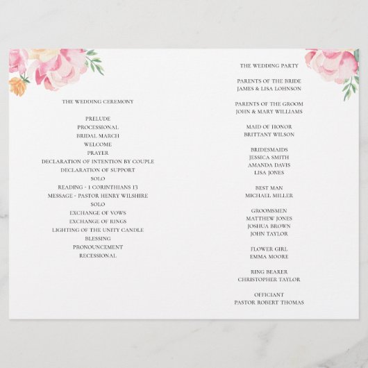 Programme de mariage des fleurs roses et pêche pli (Dos)