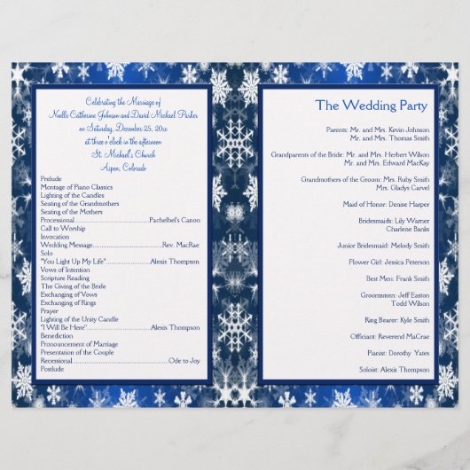 Programme de mariage des flocons de neige bleus et (Dos)