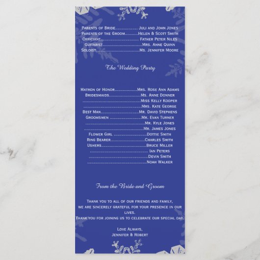 Programme de mariage des flocs de neige bleu et ar (Dos)