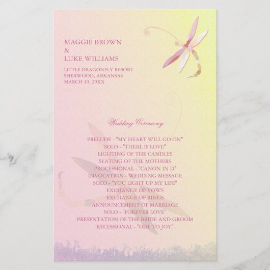 Programme de mariage des libellules rose et jaune  (Devant)