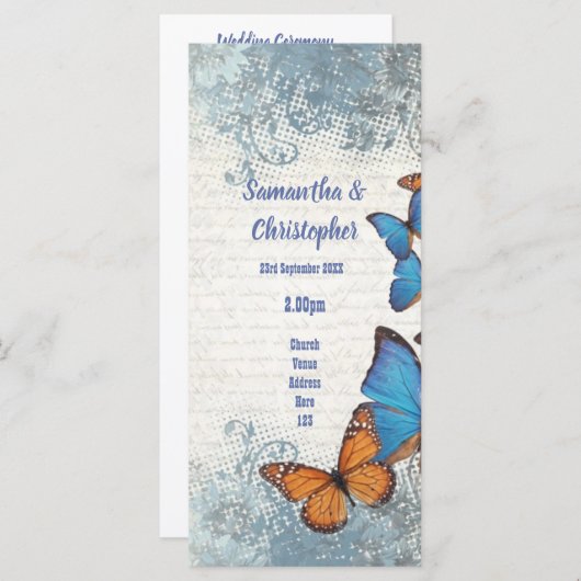 Programme de mariage des papillons bleus et dentel (Devant / Derrière)