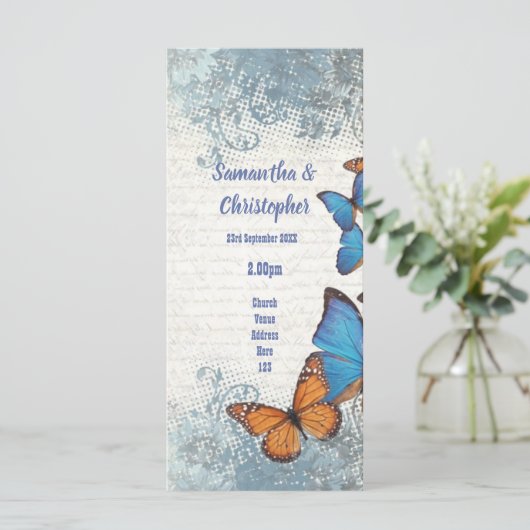 Programme de mariage des papillons bleus et dentel (Debout devant)