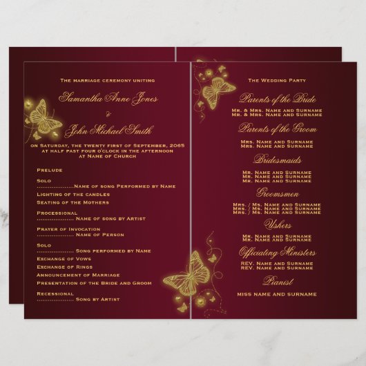 Programme de mariage des papillons en or de Bourgo (Devant / Derrière)