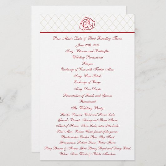 Programme de mariage des roses (Devant / Derrière)