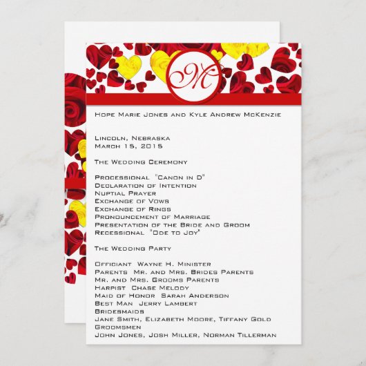 Programme de mariage des roses jaunes et rouges (Devant / Derrière)