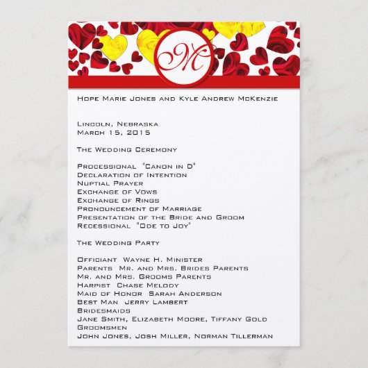 Programme de mariage des roses jaunes et rouges (Devant)