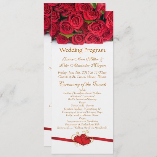 Programme de mariage des roses rouges et du coeur (Devant / Derrière)