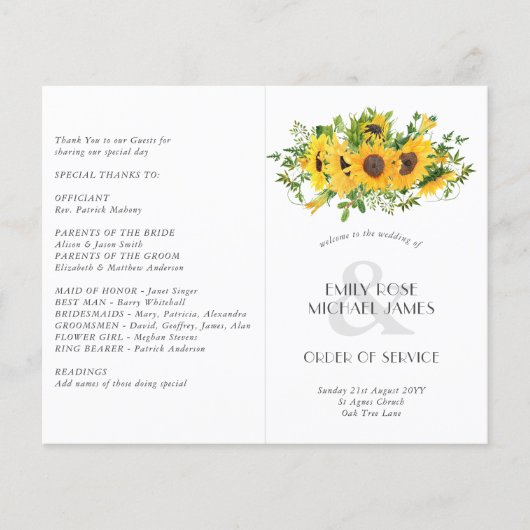 Programme de mariage des tournesols ou autre événe (Devant)