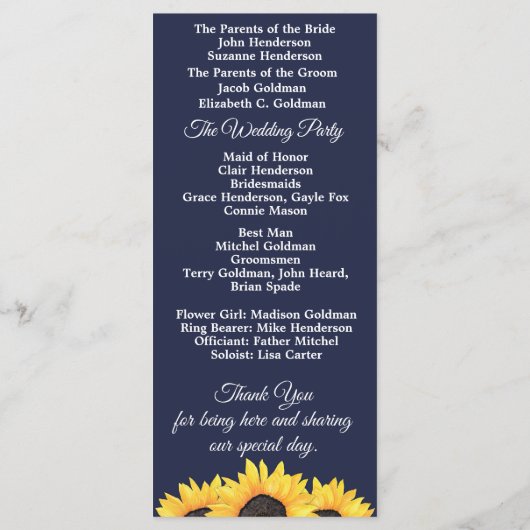 Programme de mariage des tournesols Pays Floral su (Dos)