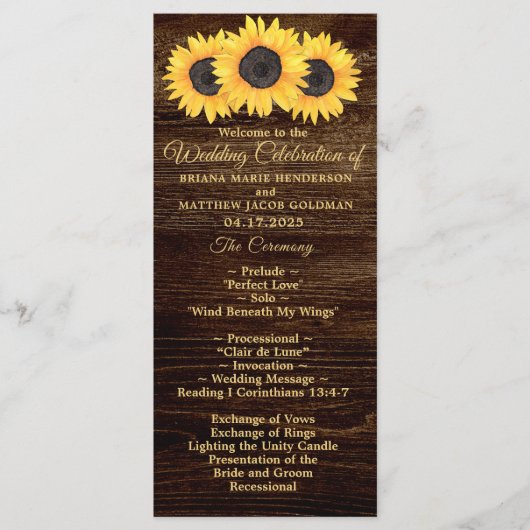 Programme de mariage des tournesols sur le bois du (Devant)