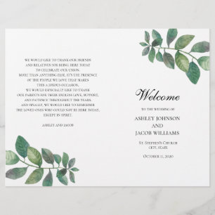 Programme de mariage d'été plié. Feuilles vertes