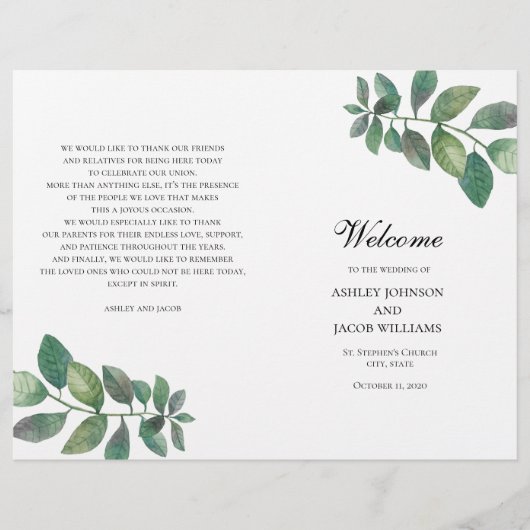 Programme de mariage d'été plié. Feuilles verts (Devant)