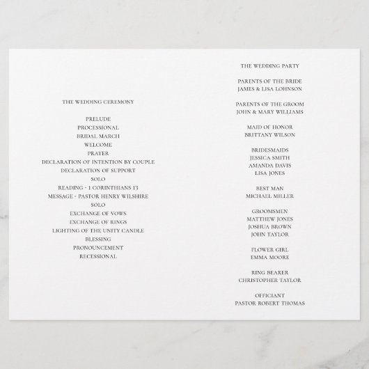 Programme de mariage d'été plié. Feuilles verts (Dos)