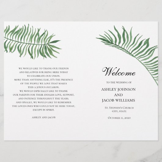 Programme de mariage d'été tropical. Feuilles vert (Devant)