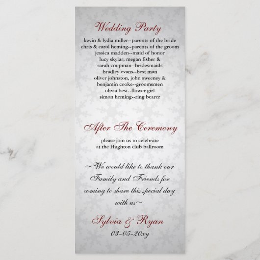 programme de mariage d'hiver des flocons de neige (Dos)