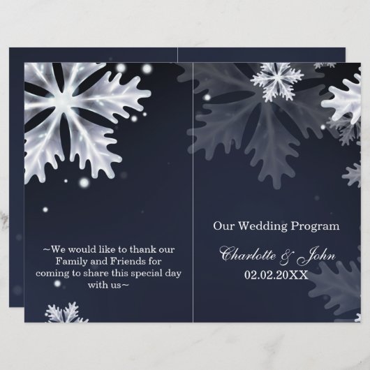 programme de mariage d'hiver navy blue snowflakes (Devant / Derrière)