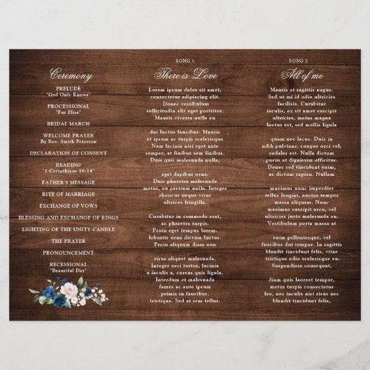 Programme de mariage d'or en bois rustique Bleu de (Dos)