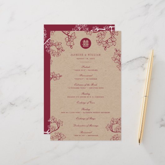 Programme de mariage Double Bonheur Fleurs de Prun (Devant/Arrière en situation)