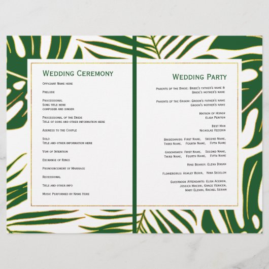 Programme de mariage double feuille en or vert tro (Dos)