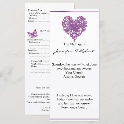 Programme de mariage du coeur du papillon pourpre (Devant / Derrière)