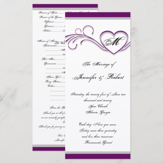 Programme de mariage du monogramme du coeur pourpr (Devant / Derrière)