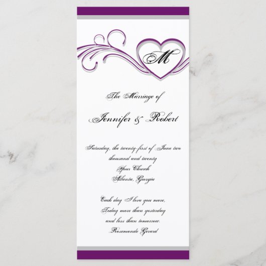 Programme de mariage du monogramme du coeur pourpr (Devant)