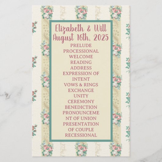 Programme de mariage du papier peint floral des an (Devant)