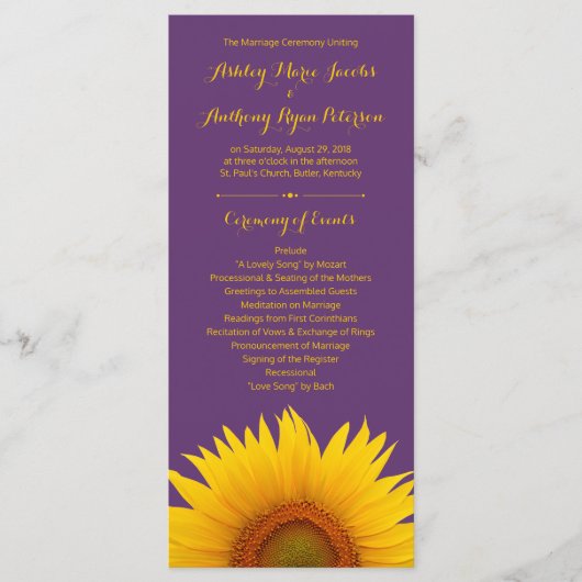 Programme de mariage du tournesol jaune violet (Devant)