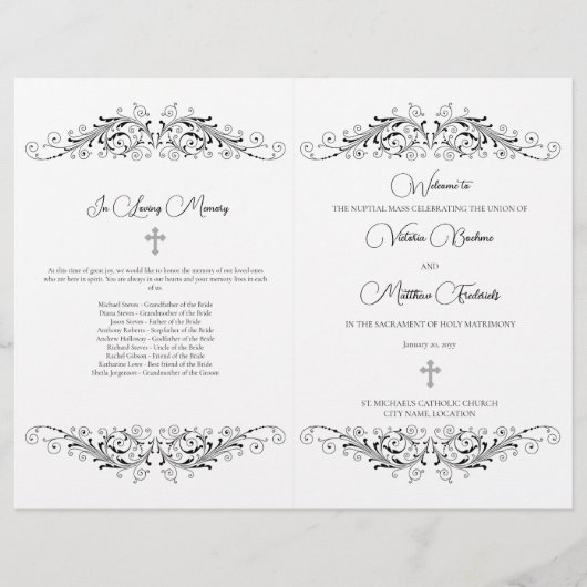 Programme de mariage Élégance Floraison Noir et Bl (Devant)