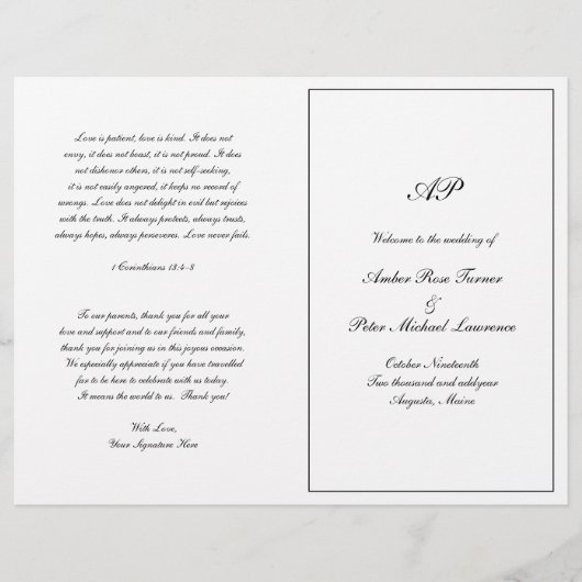 Programme de mariage élégant à monogramme plié for (Devant)