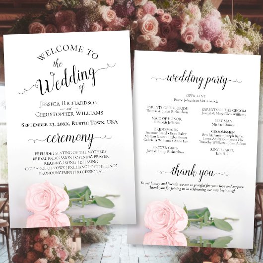Programme de mariage élégant à rose rose blush