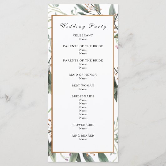 Programme de mariage élégant aquarelle vert feuill (Dos)