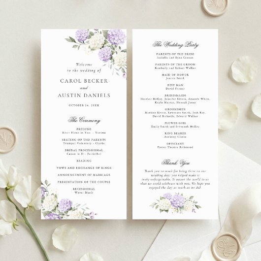 Programme de mariage élégant aux fleurs d'hortensi