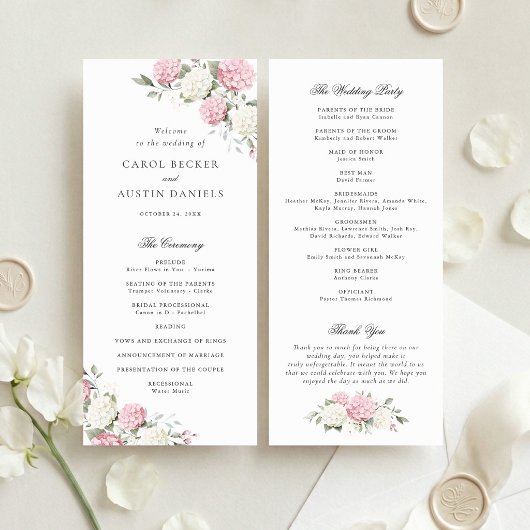 Programme de mariage élégant aux fleurs d'hydrange