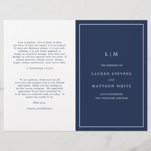 Programme de mariage élégant avec monogramme bleu (Devant)
