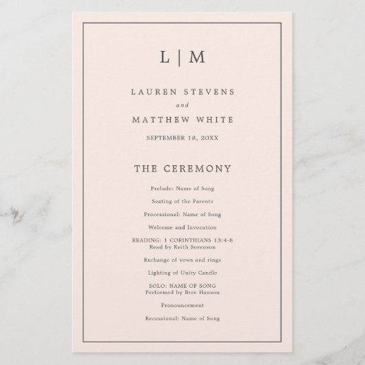 Programme de mariage élégant avec monogramme rose  (Devant)