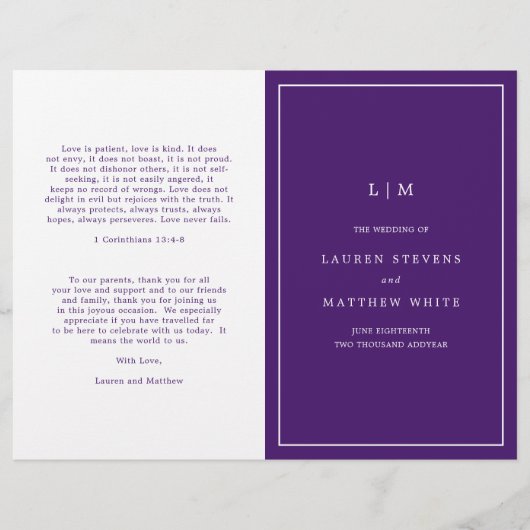 Programme de mariage élégant avec monogramme viole (Devant)