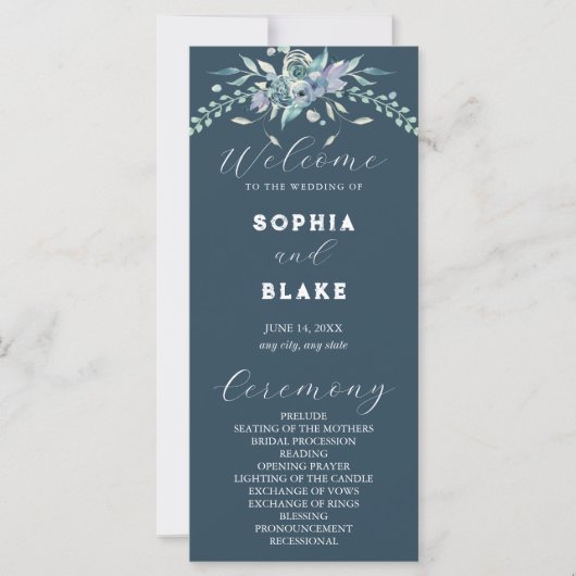 Programme de mariage élégant bleu et vert floral g (Devant)