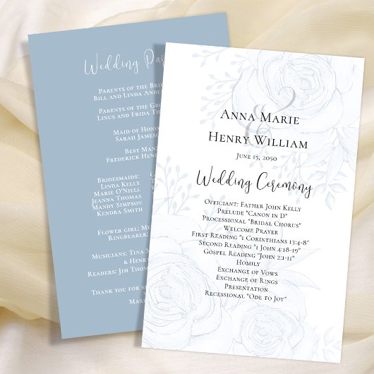 Programme de mariage Élégant Bleu Floral Script