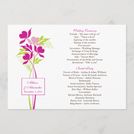 Programme de mariage élégant de bouquet rose et ve (Devant)