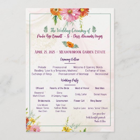Programme de mariage élégant de jardin de fleurs s (Devant)